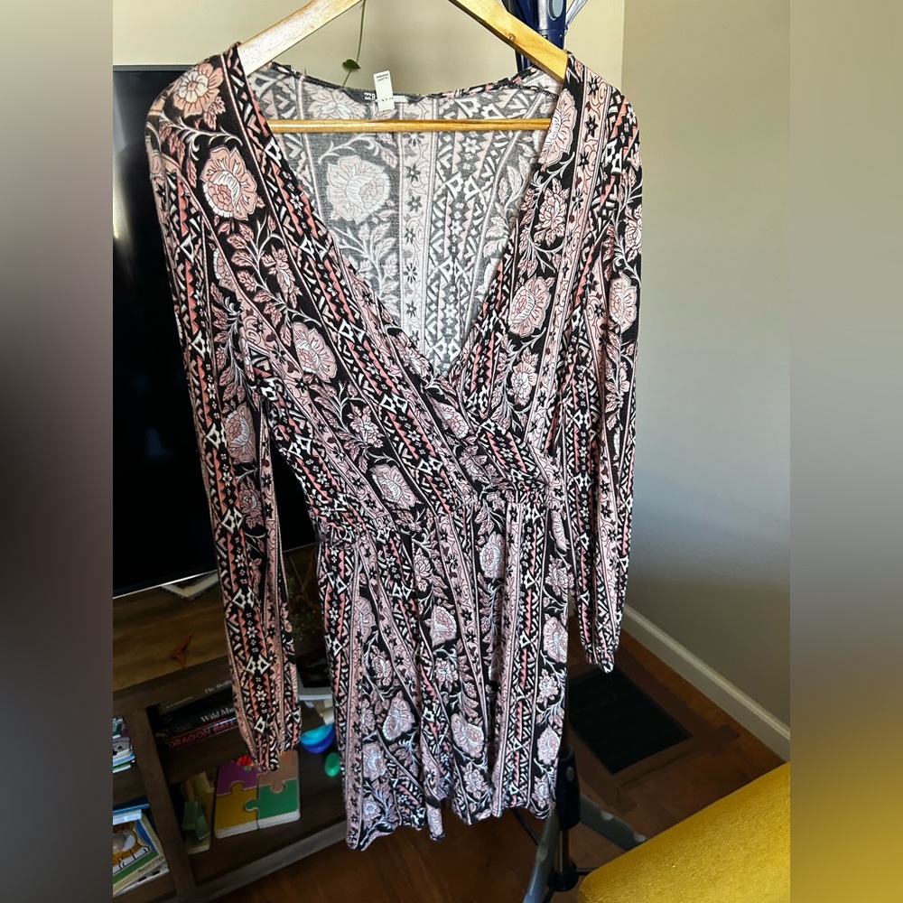 Billabong Brown and White Wrap Dress with Bishop Sleeves